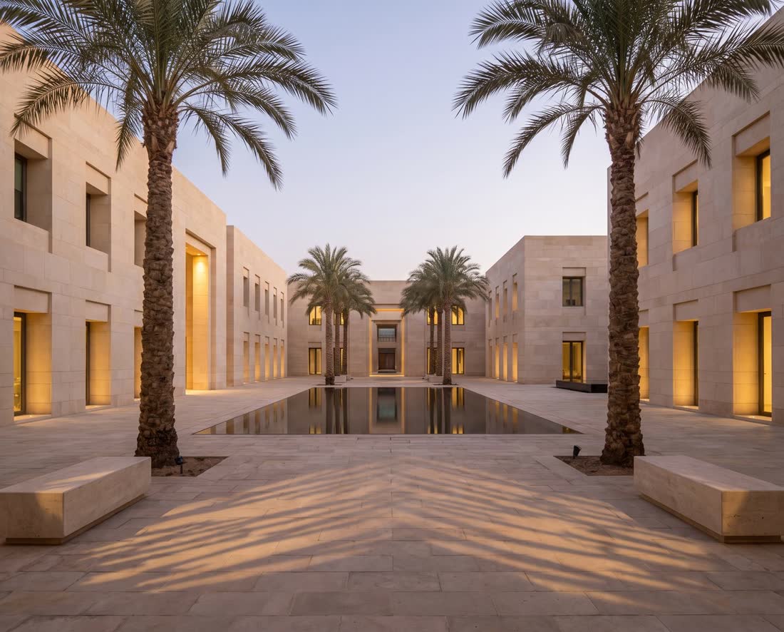Serene courtyard with reflecting pool in a business park