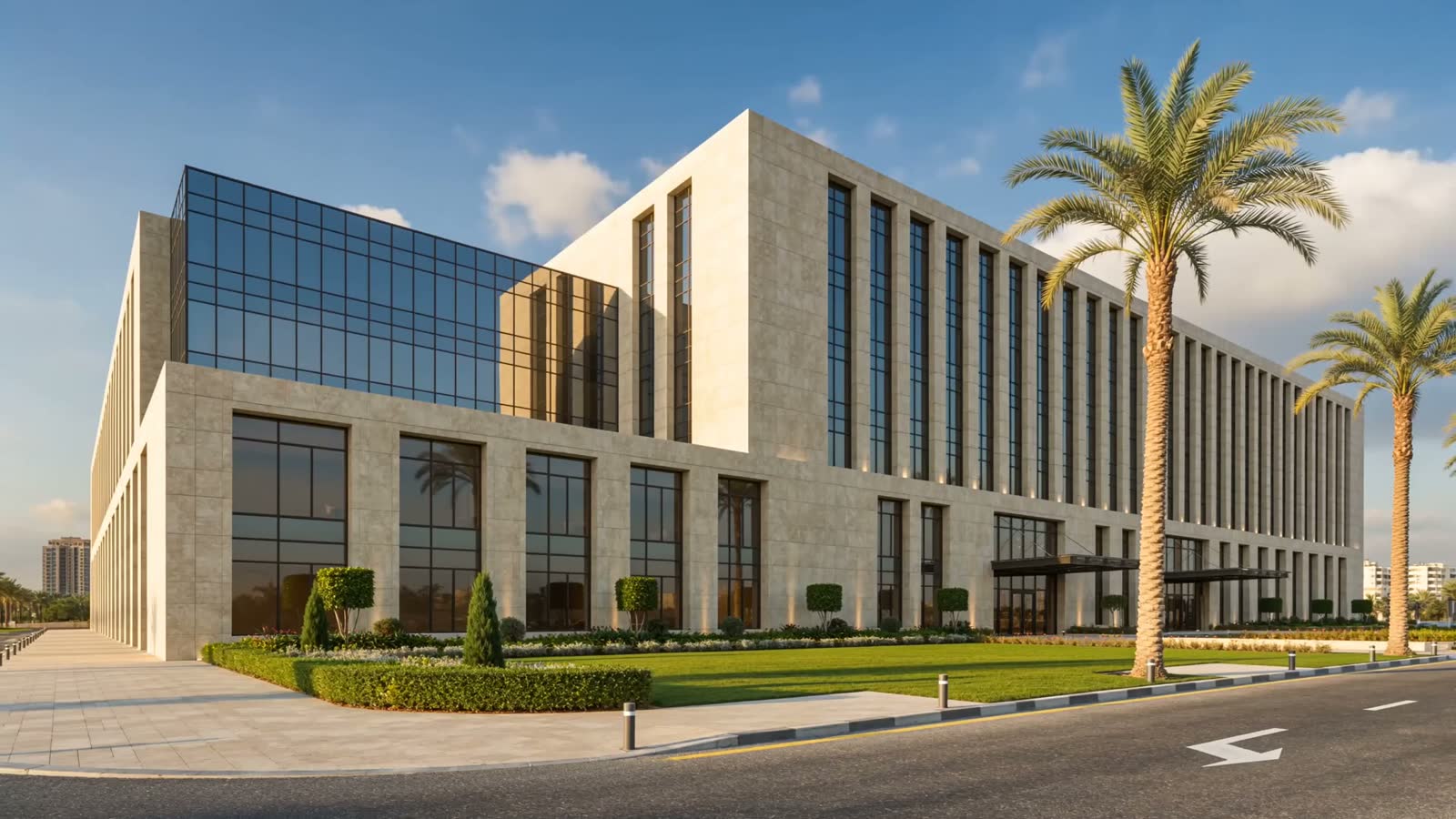 Warm limestone facade of a premium commercial building at golden hour