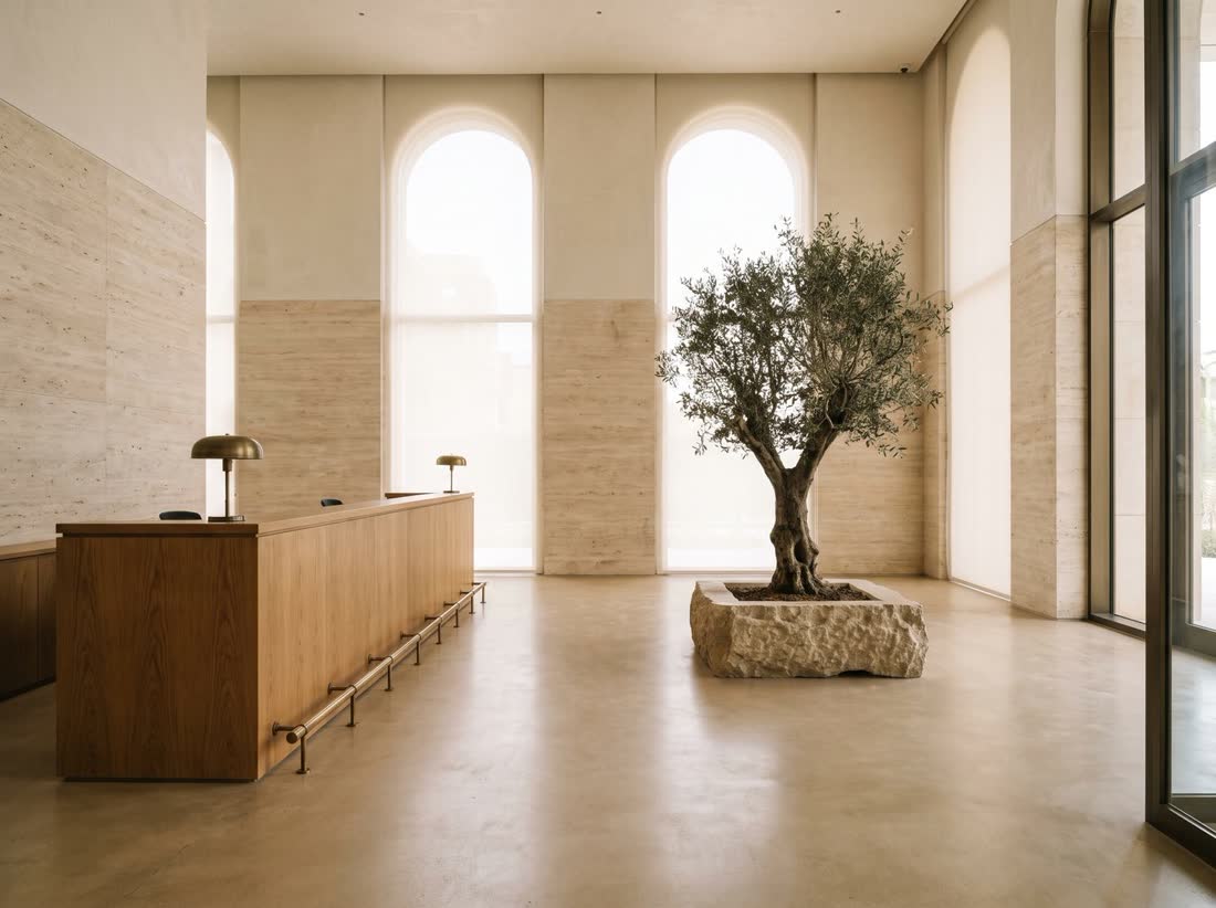 Warm minimal lobby of a commercial building