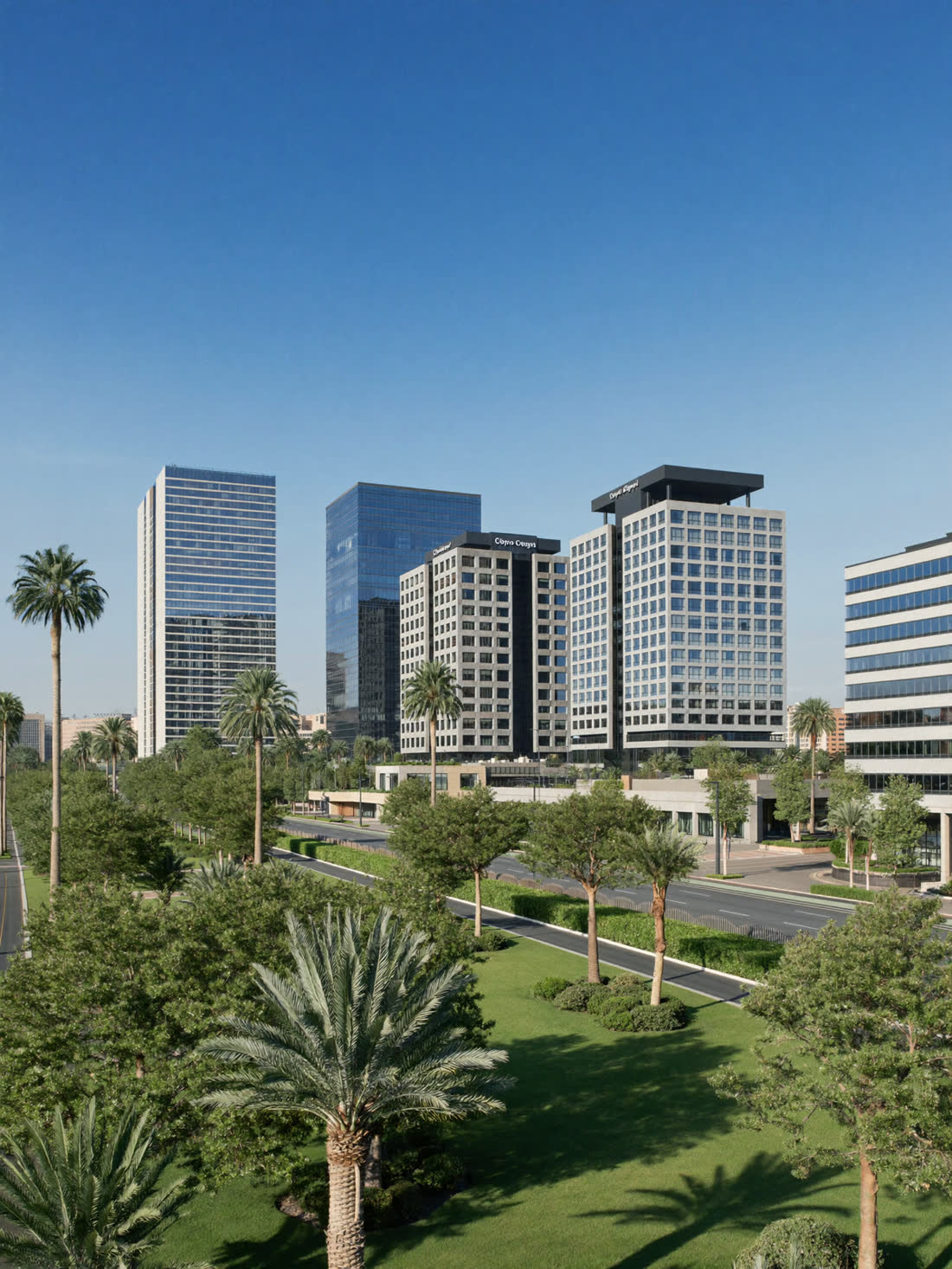 Office towers along a palm-lined boulevard in New Cairo's Fifth Settlement