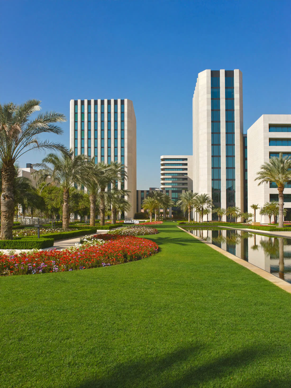 Landscaped business campus with a reflecting pool in Sheikh Zayed