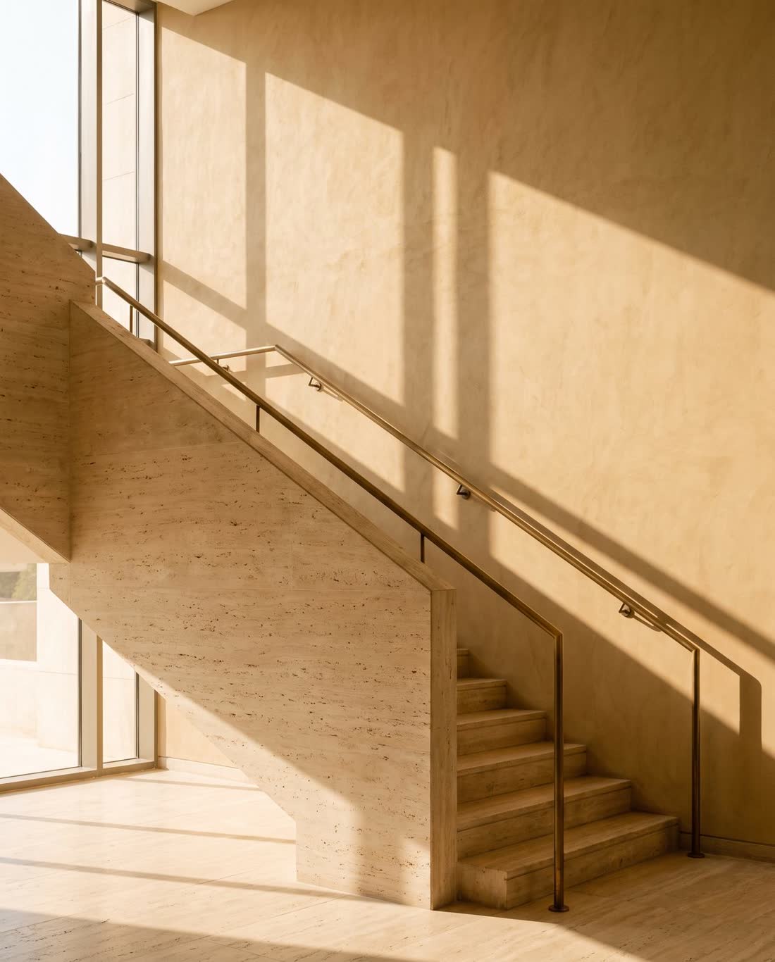 Travertine staircase with bronze handrail in raking light